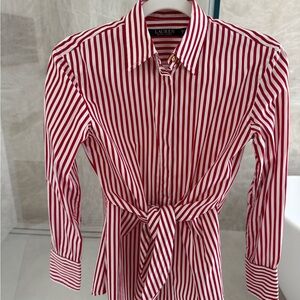 Lauren Ralph Lauren. Red Striped tie-front cotton shirt. Size XS